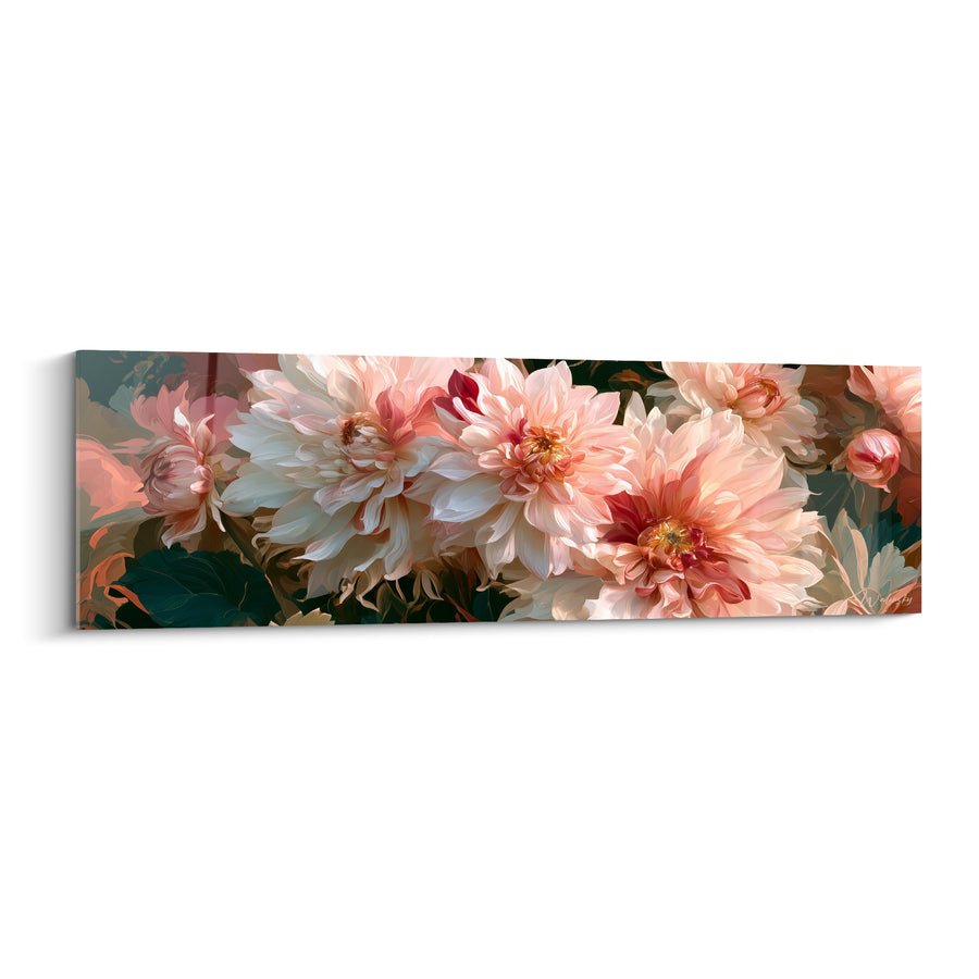 Dahlia Painting Ivory and Peach with Garnet Hearts - Horizontal Row of Flowers - Dahlia Edition