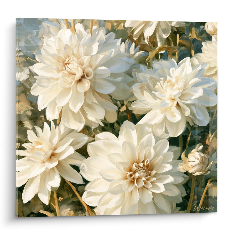 Tableau Dahlias ivoire et vert aux boutons fermés - Massif de fleurs blanches - Edition Dahlia