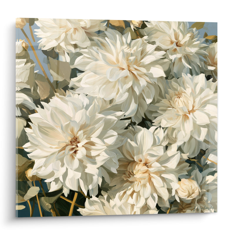 Tableau Dahlias blancs et beige aux tiges dorées - Massif fleuri dense - Edition Dahlia