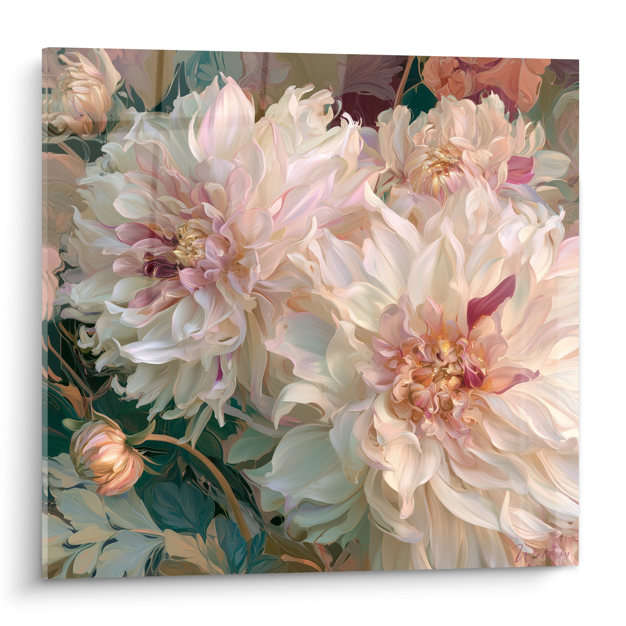 Dahlia blanc aux pétales veloutés et cœur doré, composition florale dense en lumière chaude