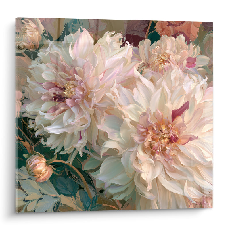 Tableau Dahlias blancs aux cœurs dorés - Éveil délicat - Edition Dahlia