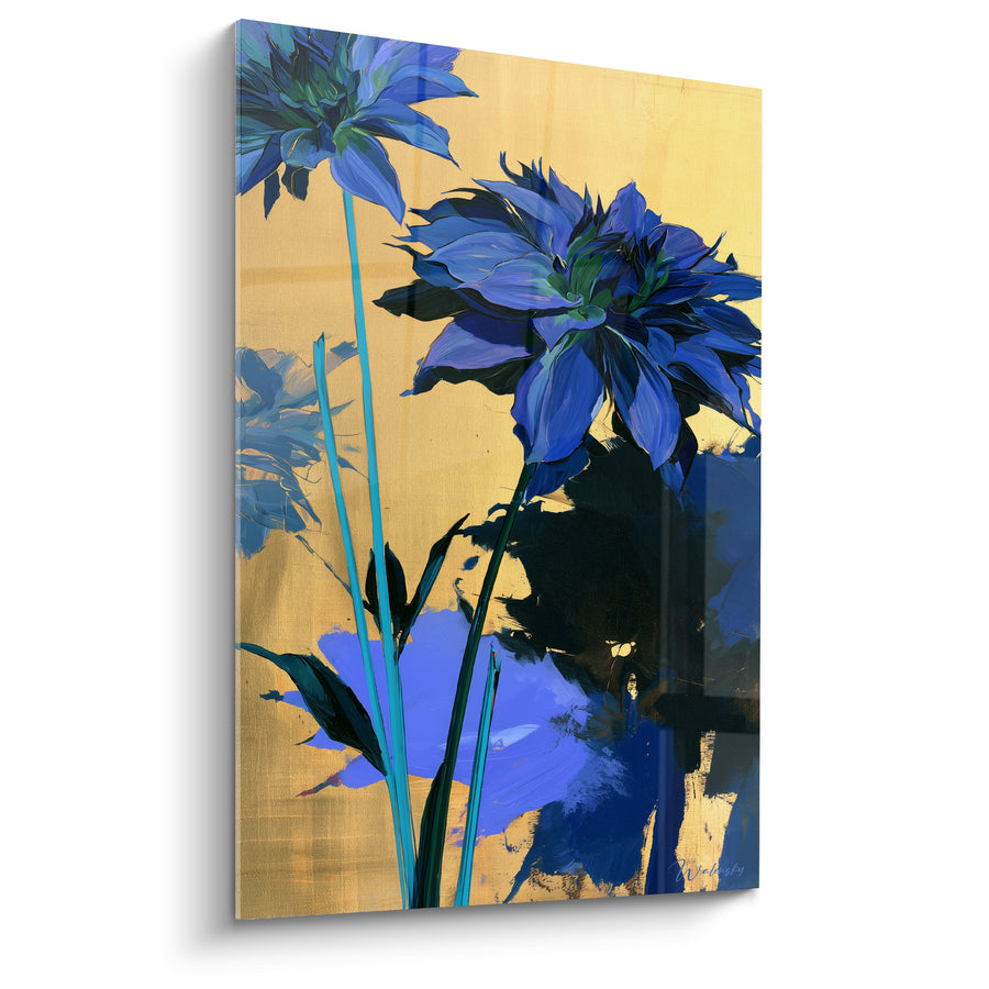 Tableau Dahlia bleu et fond doré - Éclat du crépuscule - Edition Dahlia