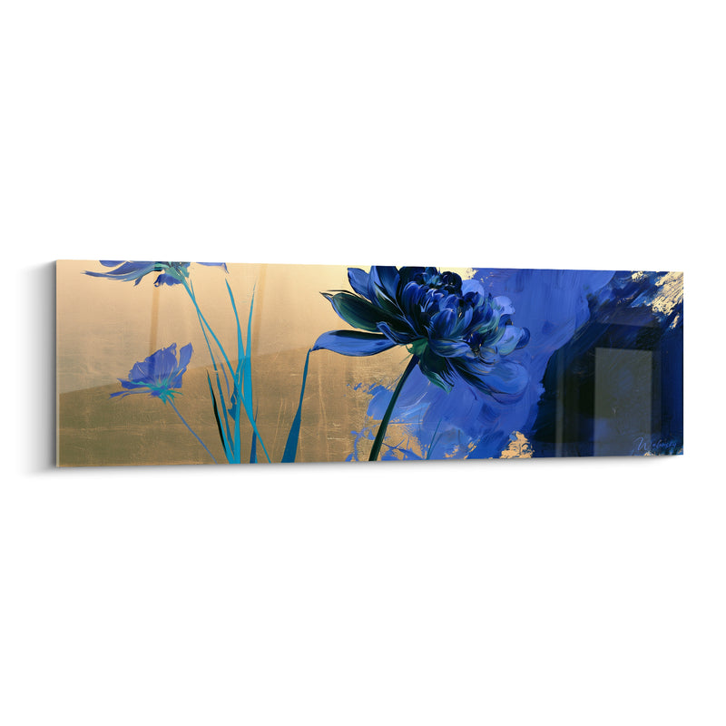 Tableau Dahlia bleu et doré aux fleurs turquoise voisines - Fond doré panoramique - Edition Dahlia
