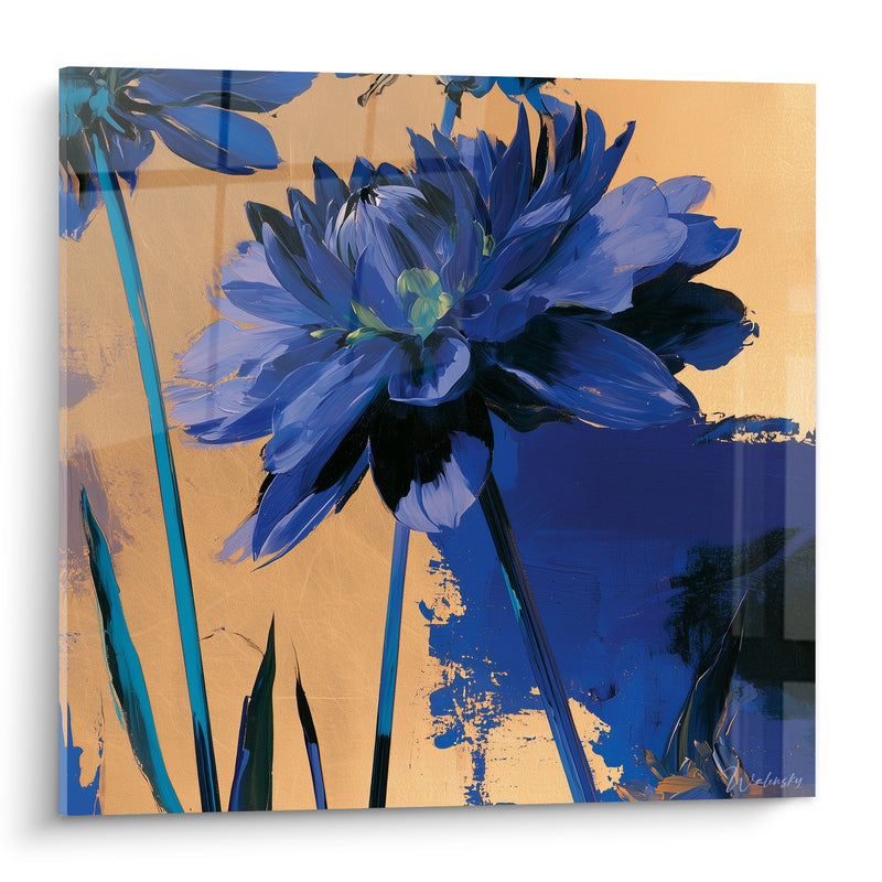 Tableau Dahlia bleu indigo et fond doré aux tiges turquoise - Aplat abstrait doré - Edition Dahlia