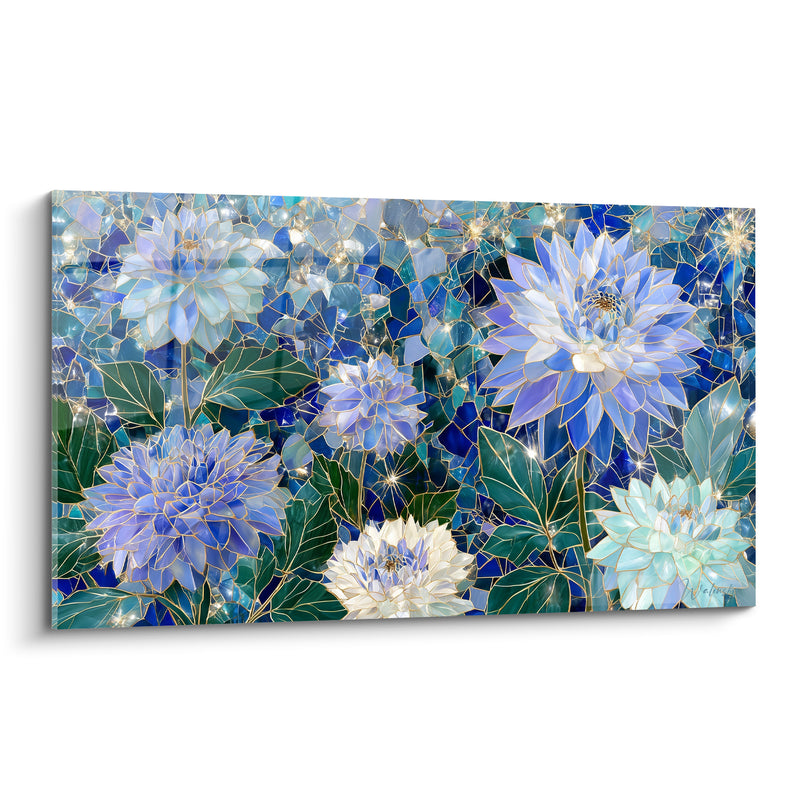 Tableau Dahlias bleu et blanc en vitrail - Éclosion de cristal - Edition Dahlia