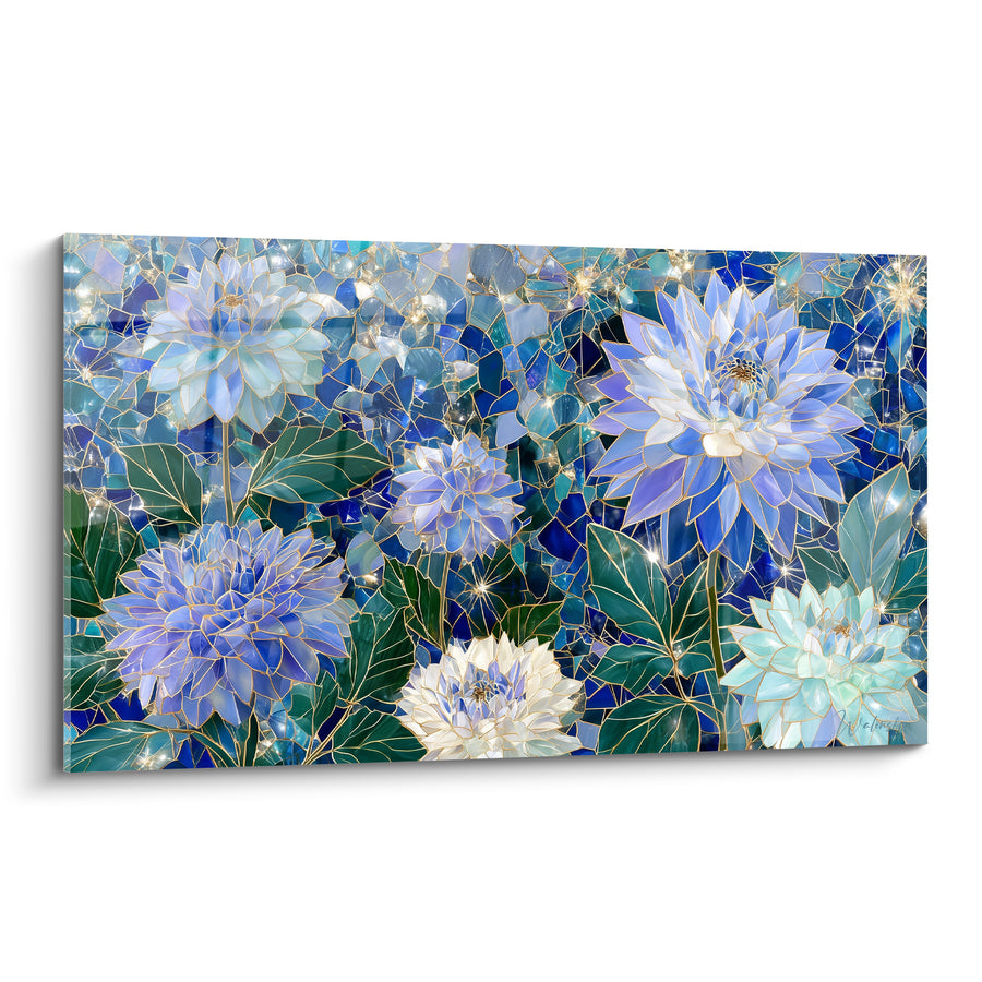Glasbild Dahlias blau und weiß - Kristallblüte - Edition Dahlia