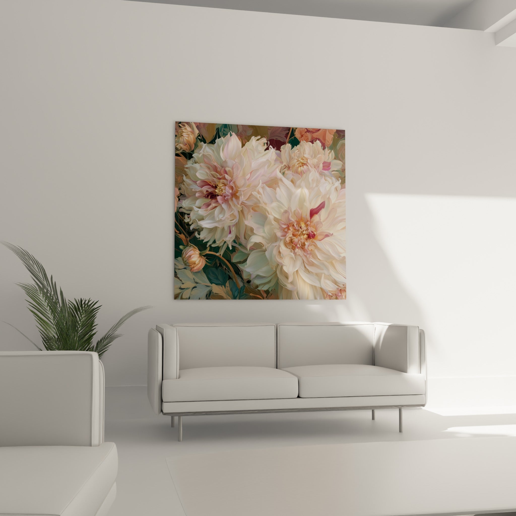Corolles de dahlias blanc et bordeaux déployées au-dessus d'un canapé dans un salon lumineux