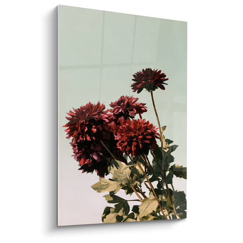 Tableau Dahlias bordeaux et vert lumière fenêtre - Éveil au jardin - Edition Dahlia