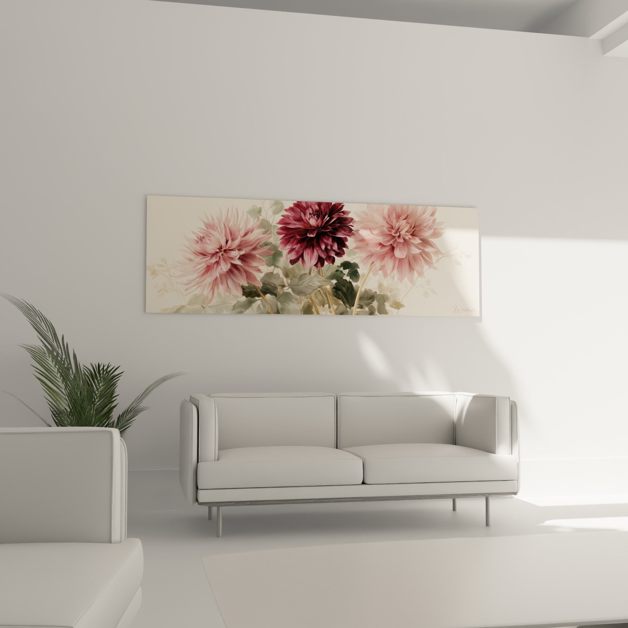 Dahlia rose pâle et bordeaux aux pétales effilés, au-dessus d'un canapé dans un salon lumineux