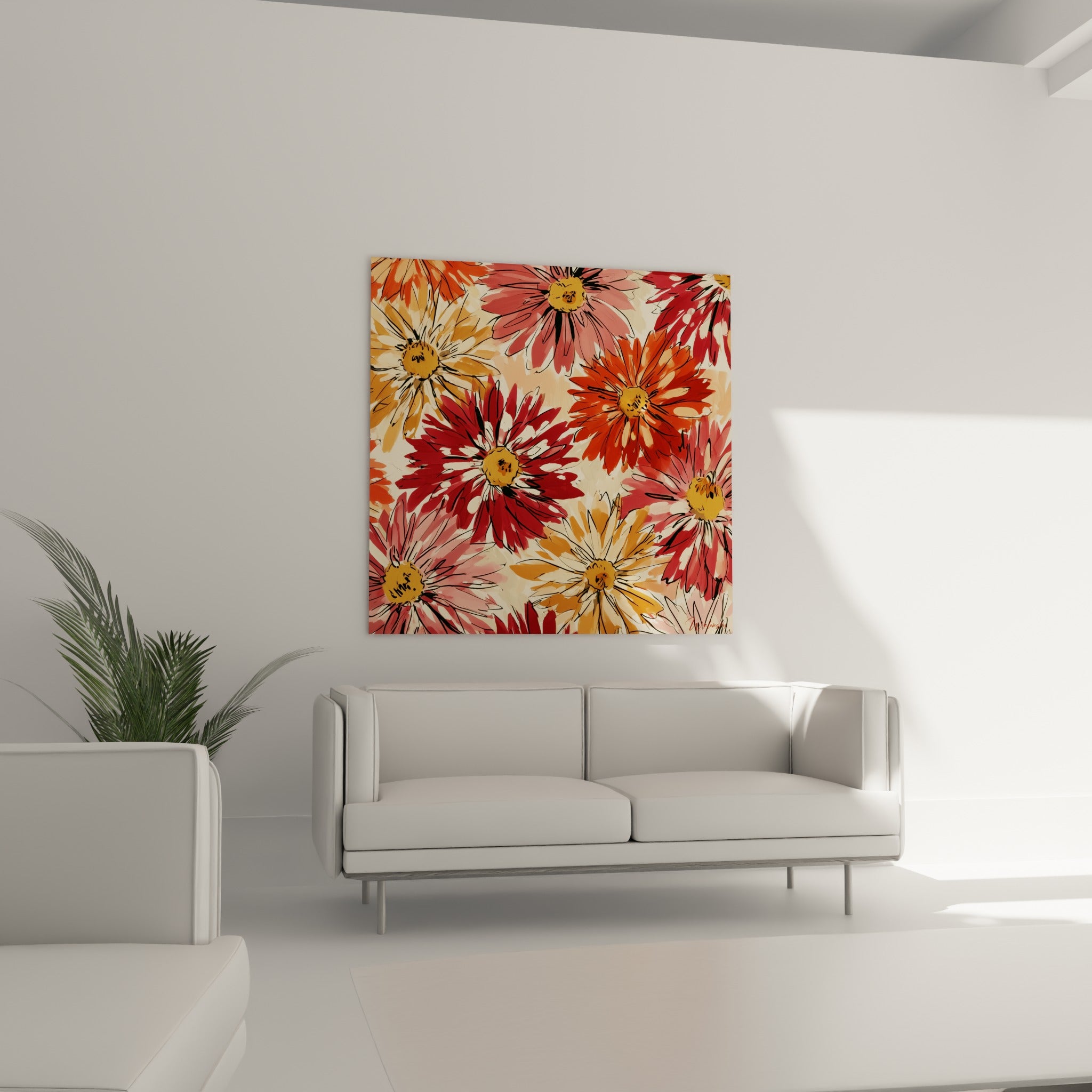 Bouquet de dahlias rouge et jaune safran suspendu au-dessus d'un canapé dans un salon lumineux