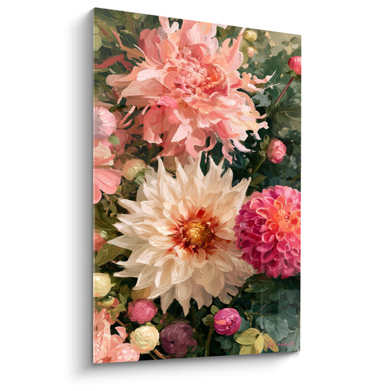 Cuadro Dahlia crema con puntas estilizadas corazón ámbar - Trío de flores superpuestas - Edición Dahlia