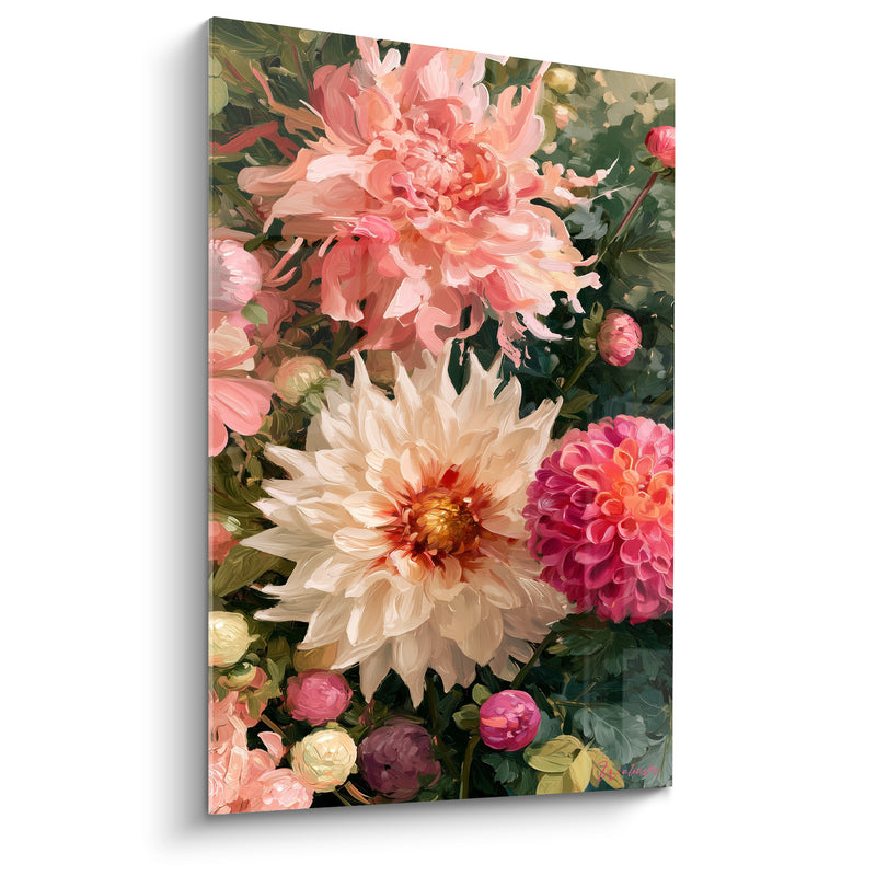 Tableau Dahlia crème aux pointes effilées coeur ambré - Trio de fleurs superposées - Edition Dahlia