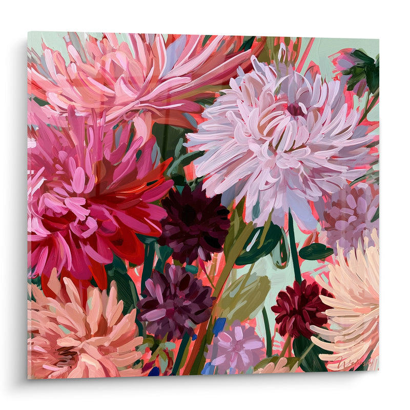 Tableau Dahlias roses et pourpres aux petits boutons sombres - Fond vert menthe - Edition Dahlia