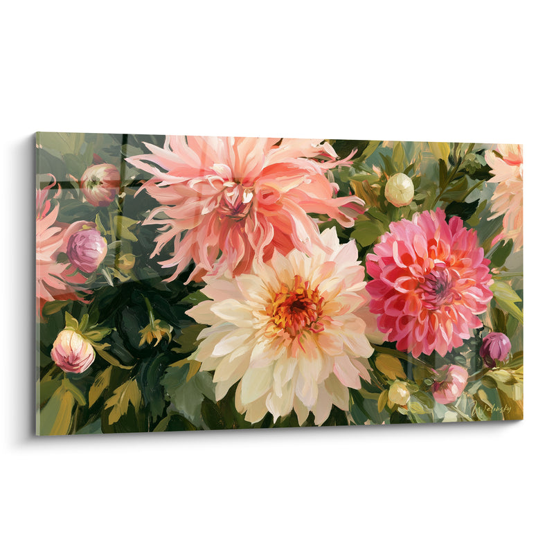 Tableau Dahlias roses et crème en pleine éclosion - Éclosion estivale - Edition Dahlia