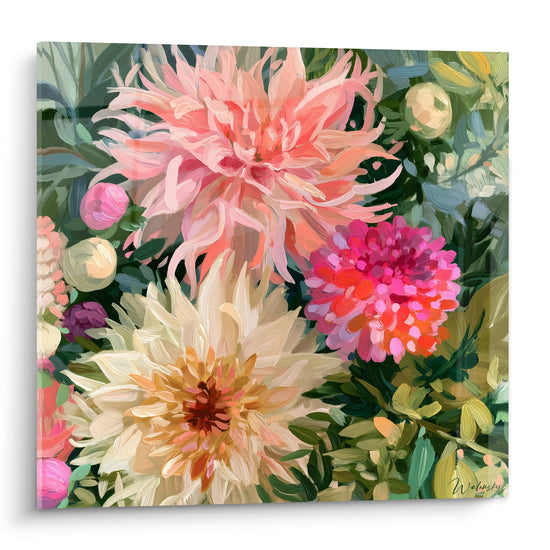 Bouquet de dahlias rose saumon et crème aux pétales effilés, peinture florale dense et lumineuse