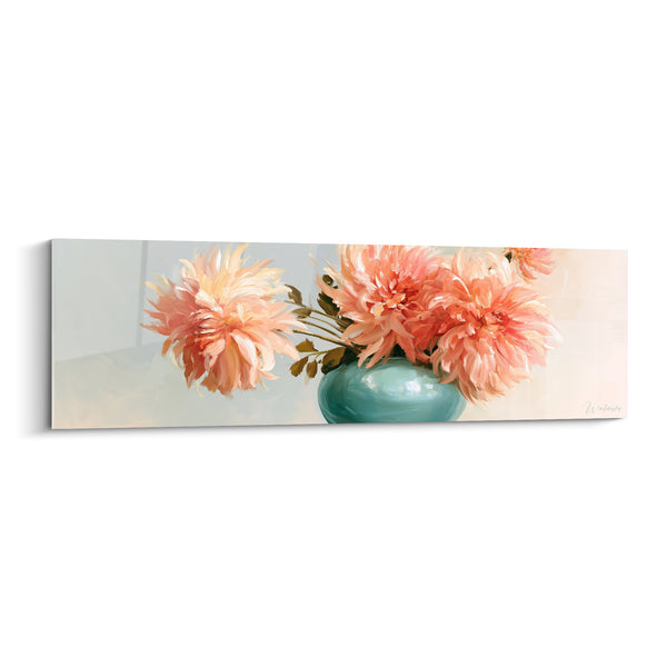 Cuadro Jarra turquesa con dalias melocotón florecientes - Hojas verde oliva - Edición Dahlia