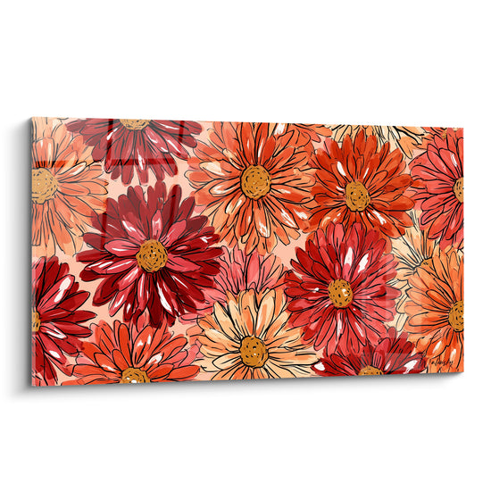 Dahlias rouges et orangés en bouquet dense, pétales détaillés et cœurs dorés lumineux