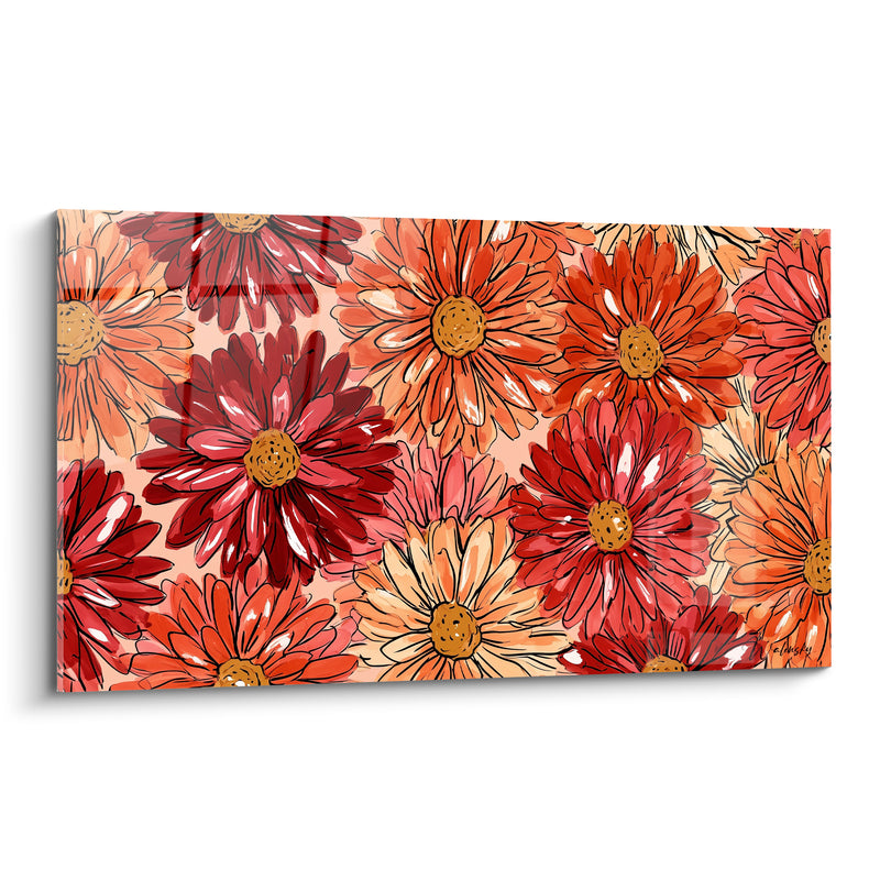Tableau Dahlias rouges et orangés en bouquet dense - Floraison éclatante - Edition Dahlia