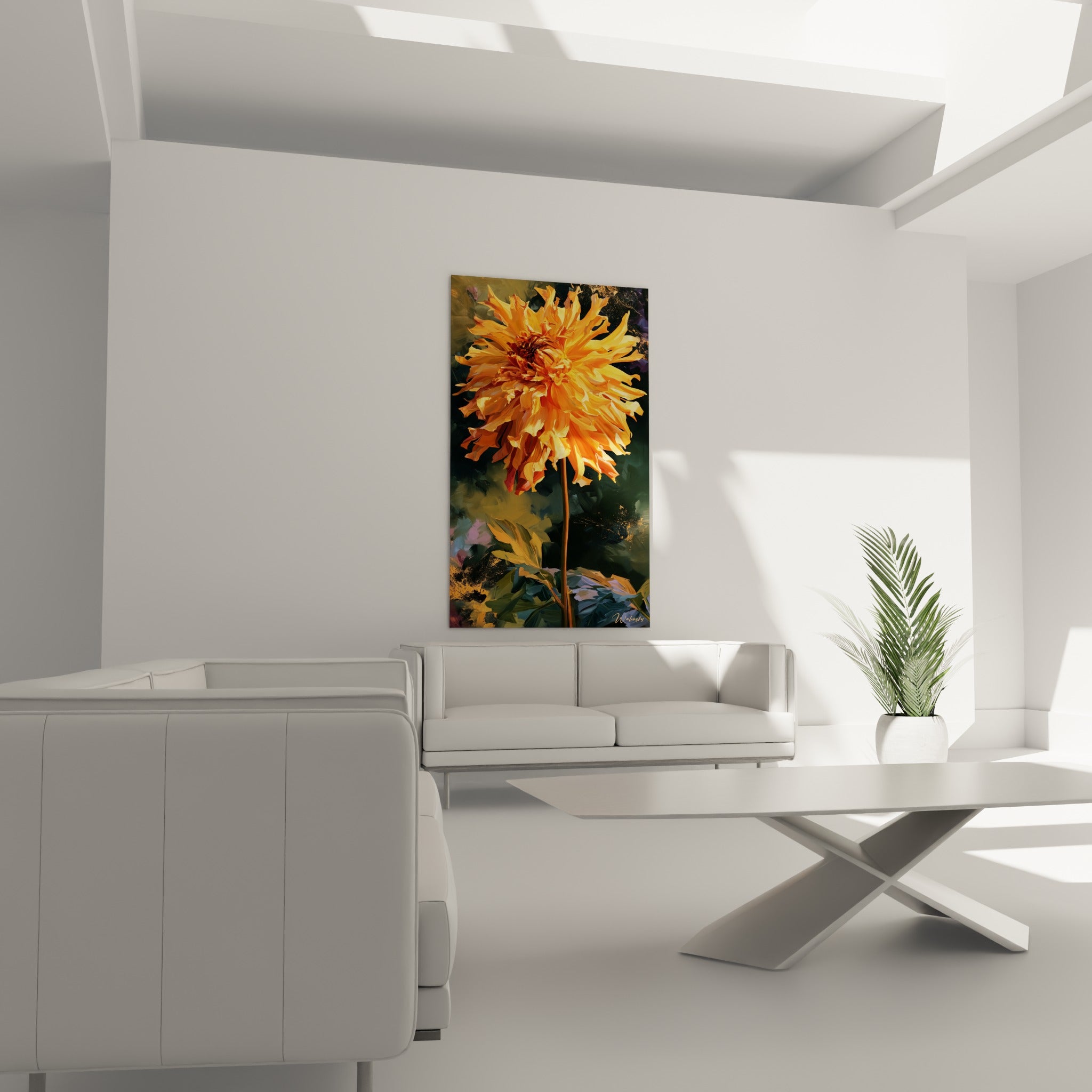 Pétales orange et cœur brun d'un dahlia peint sur fond vert anthracite, au-dessus d'un canapé dans un salon lumineux