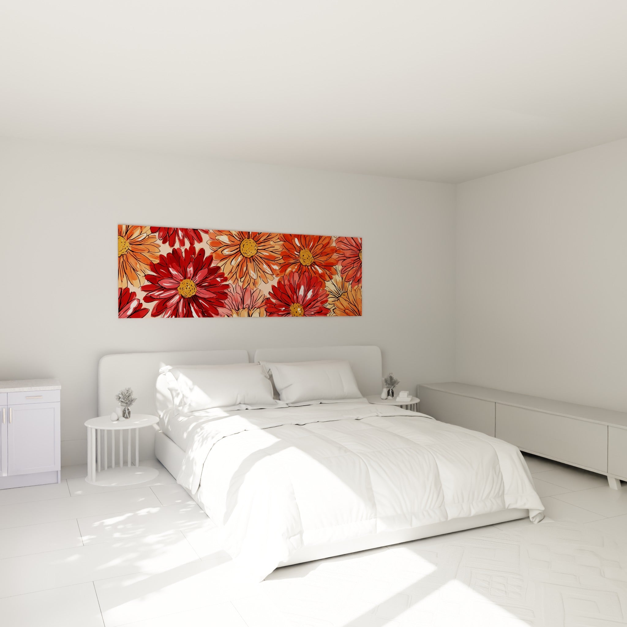 Fleurs de dahlia rouge bordeaux et orangé au-dessus d'un lit dans une chambre claire
