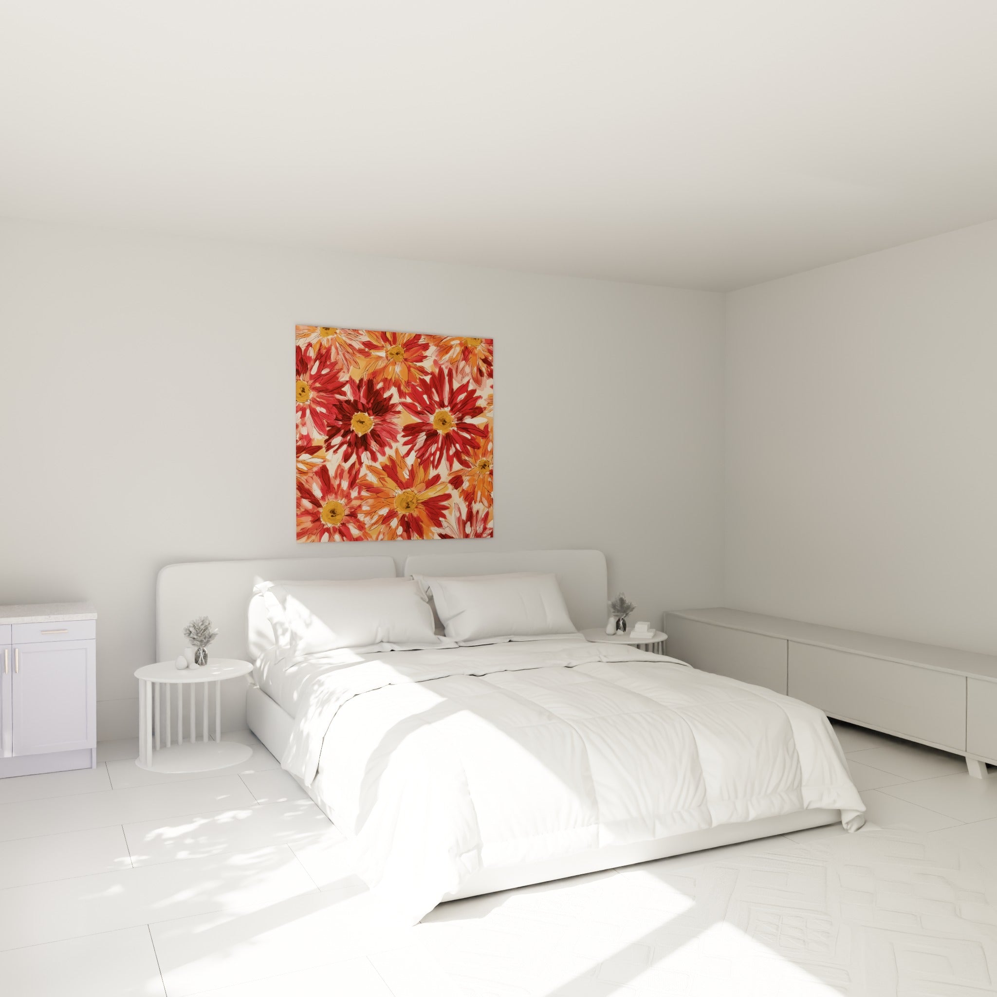 Dahlias orange et rouge aux contours encrés, cœurs dorés lumineux, au-dessus d'un lit dans une chambre claire