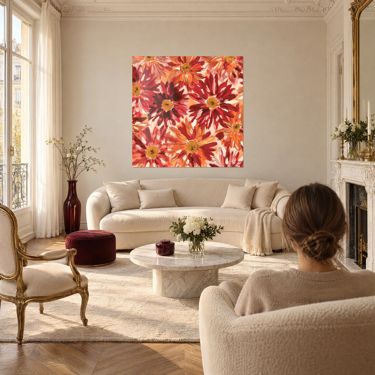Schilderij dahlia's in karmijnrood en oranje met gouden hartjes, vrouw van achteren, boven een bank in een lichte woonkamer
