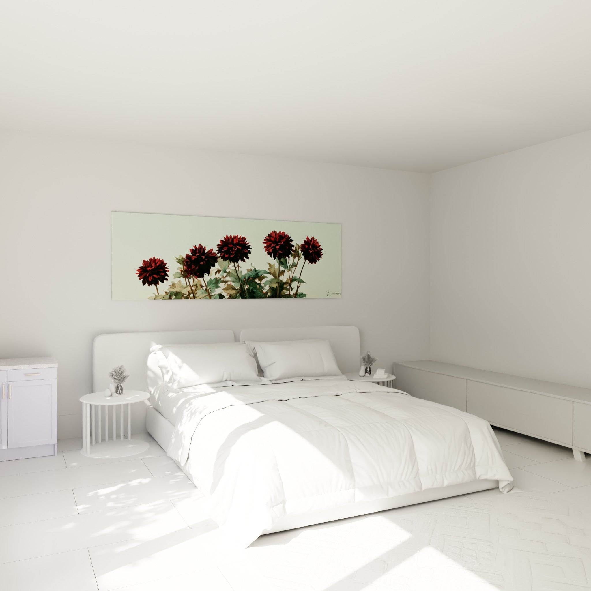 Dahlias bordeaux et vert sauge en fleurs délicates, accrochés au-dessus d'un lit dans une chambre claire
