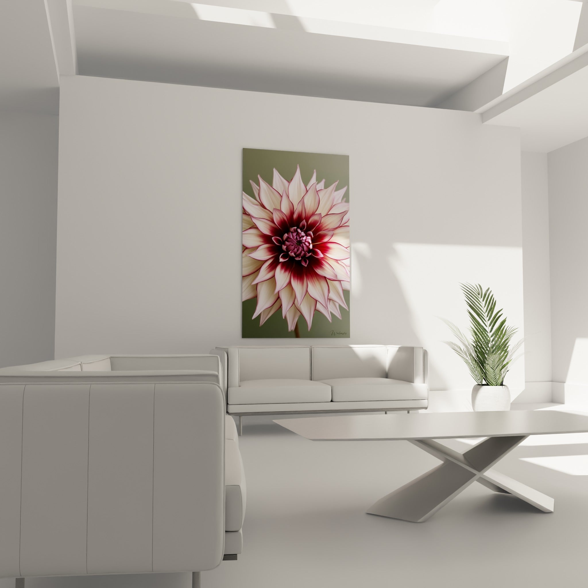 Pétales de dahlia crème et pourpre au-dessus d'un canapé dans un salon lumineux
