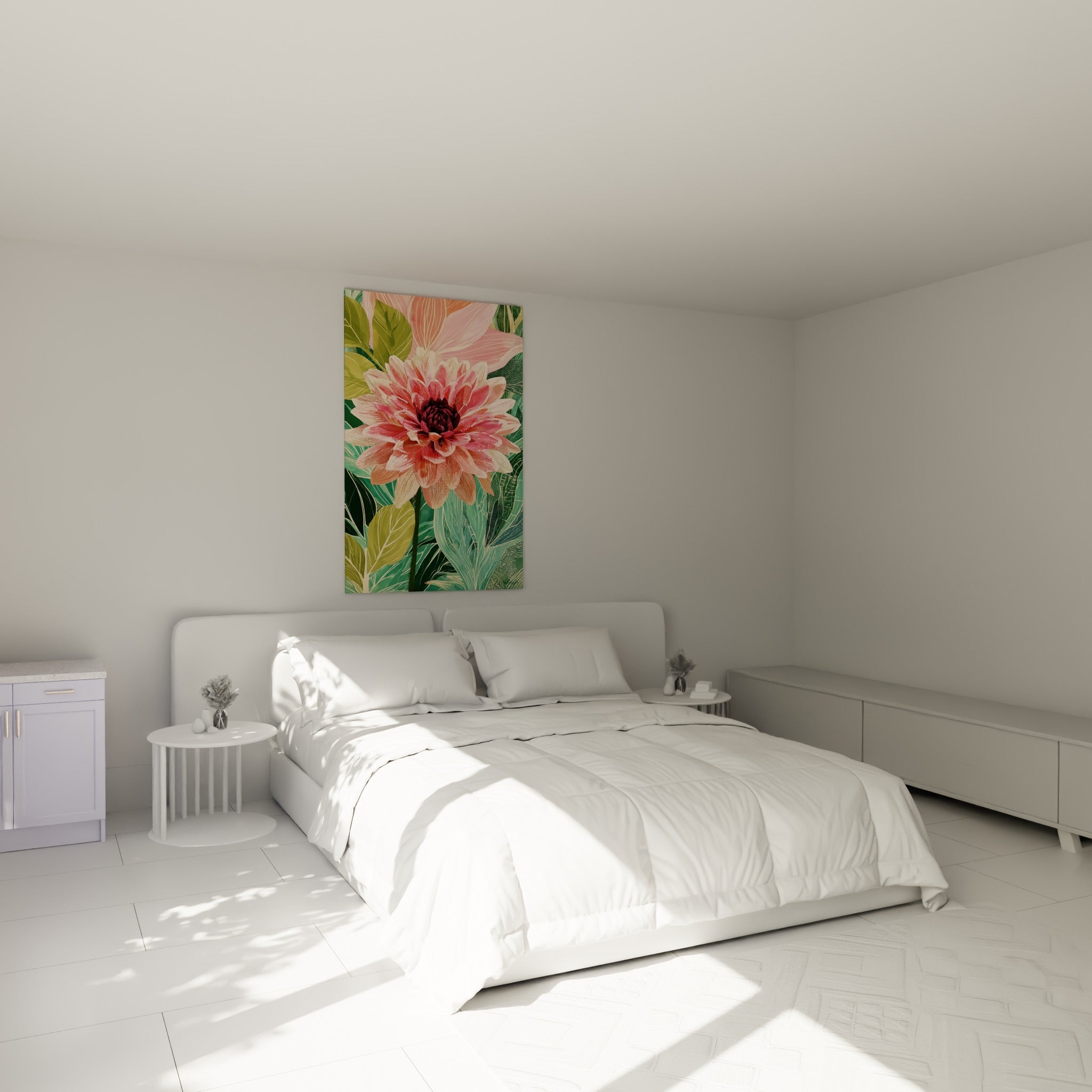 Fleur de dahlia rose corail sur fond vert sauge, accrochée au-dessus d'un lit dans une chambre claire