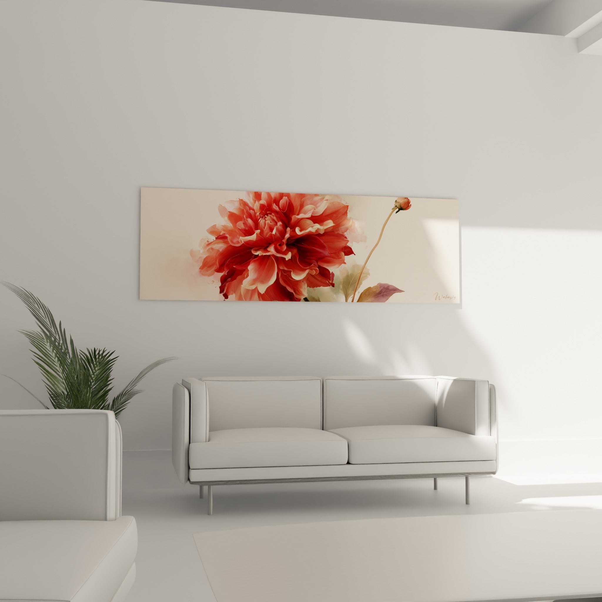Pétales de dahlia rouge profond et ivoire délicatement fondus, au-dessus d'un canapé dans un salon lumineux