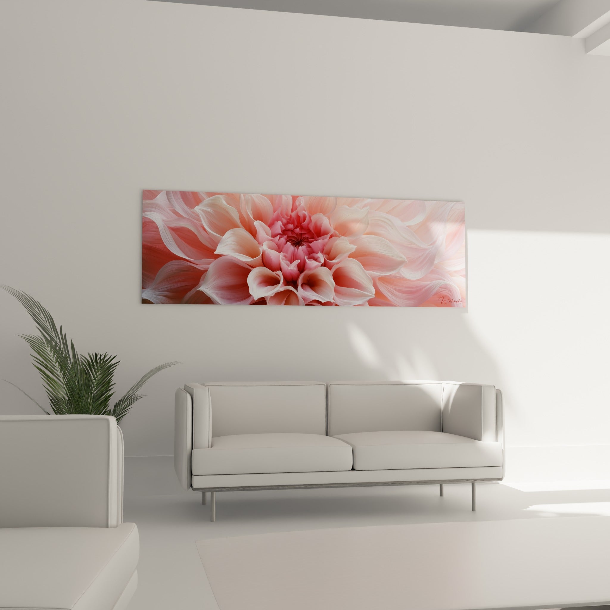 Cœur rose corail et pétales blancs du dahlia positionnés au-dessus d'un canapé dans un salon lumineux