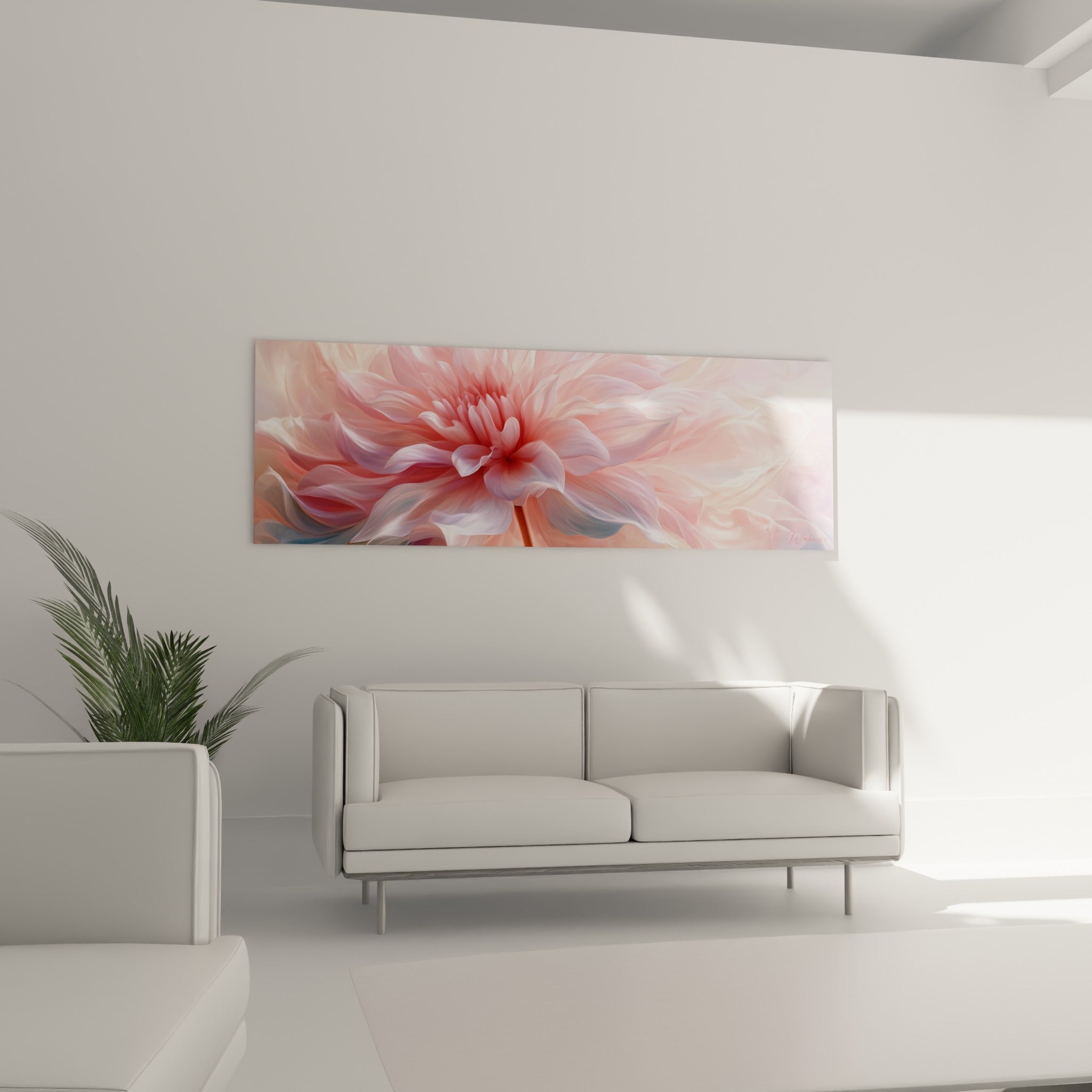 Pétales de dahlia blanc nacré et rose corail ondulant au-dessus d'un canapé dans un salon lumineux