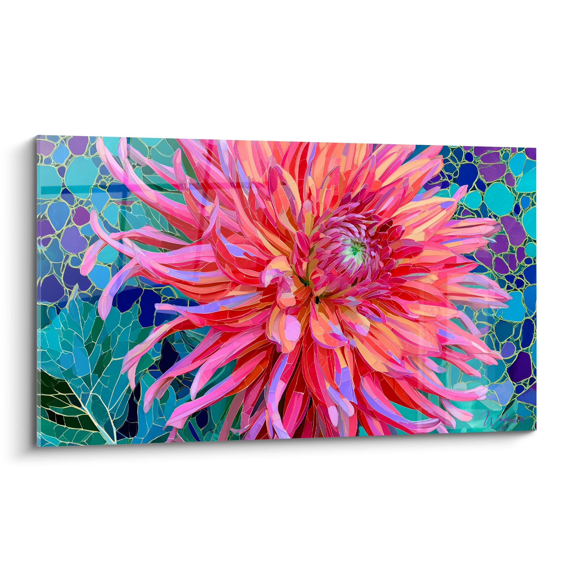 Dahlia corail et turquoise aux pétales éclatés sur fond en mosaïque façon vitrail coloré