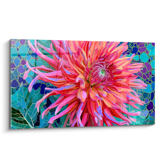 Dahlia corail et turquoise aux pétales éclatés sur fond en mosaïque façon vitrail coloré