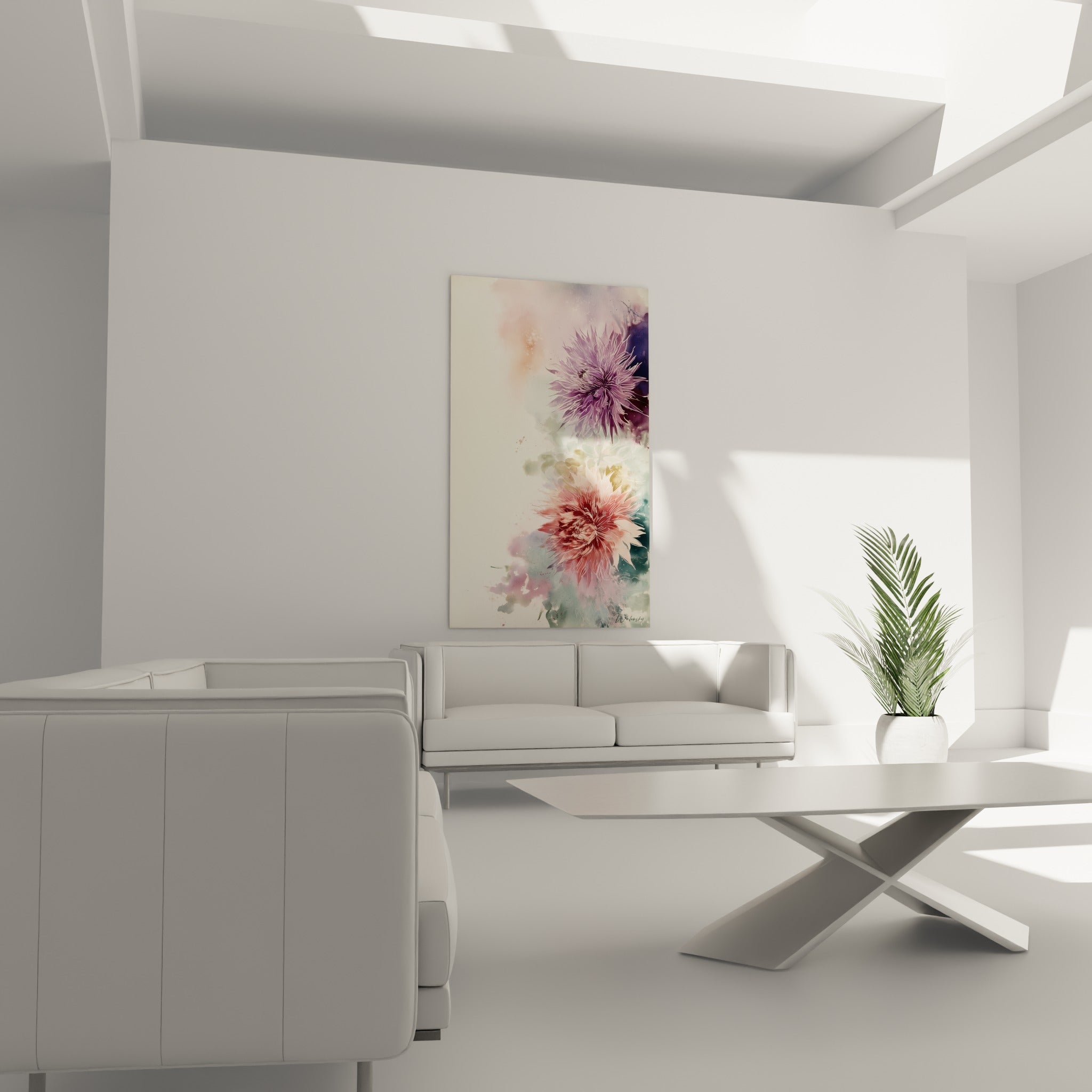 Dahlia mauve et rose poudré à l'aquarelle placé au-dessus d'un canapé dans un salon lumineux