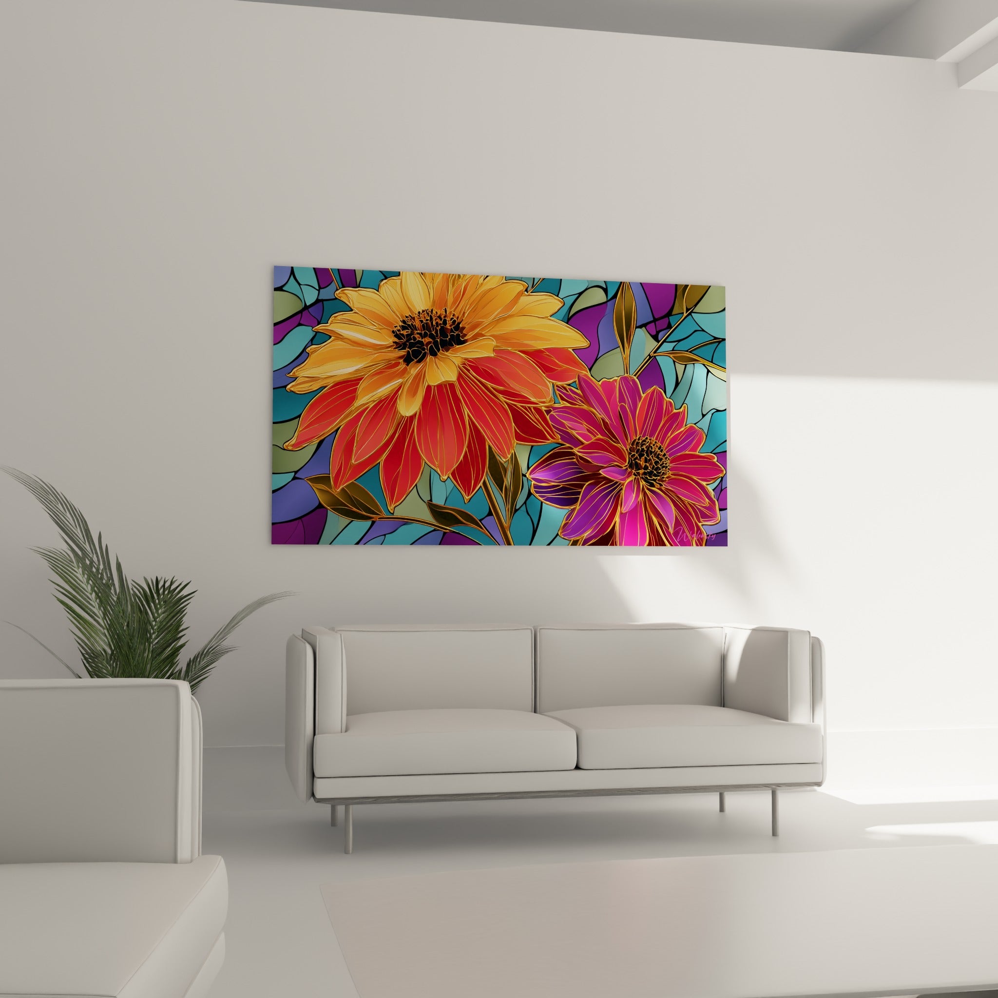 Dahlias rouge corail et magenta style vitrail installés au-dessus d'un canapé dans un salon lumineux