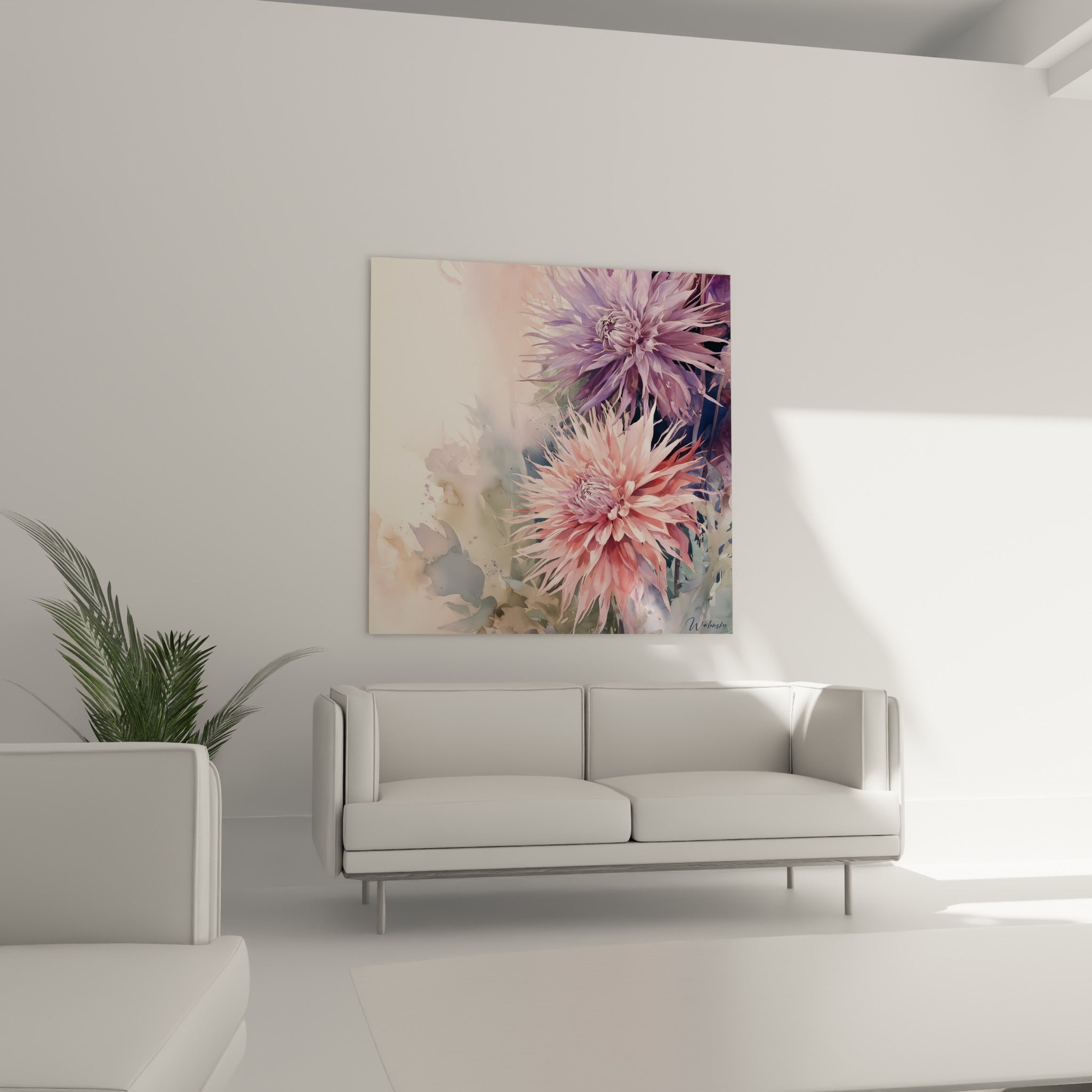 Corolles de dahlia mauve et rose saumon peintes en aquarelle au-dessus d'un canapé dans un salon lumineux