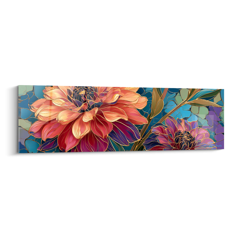 Tableau Dahlia corail et bleu façon vitrail - Éclosion vitrée - Edition Dahlia