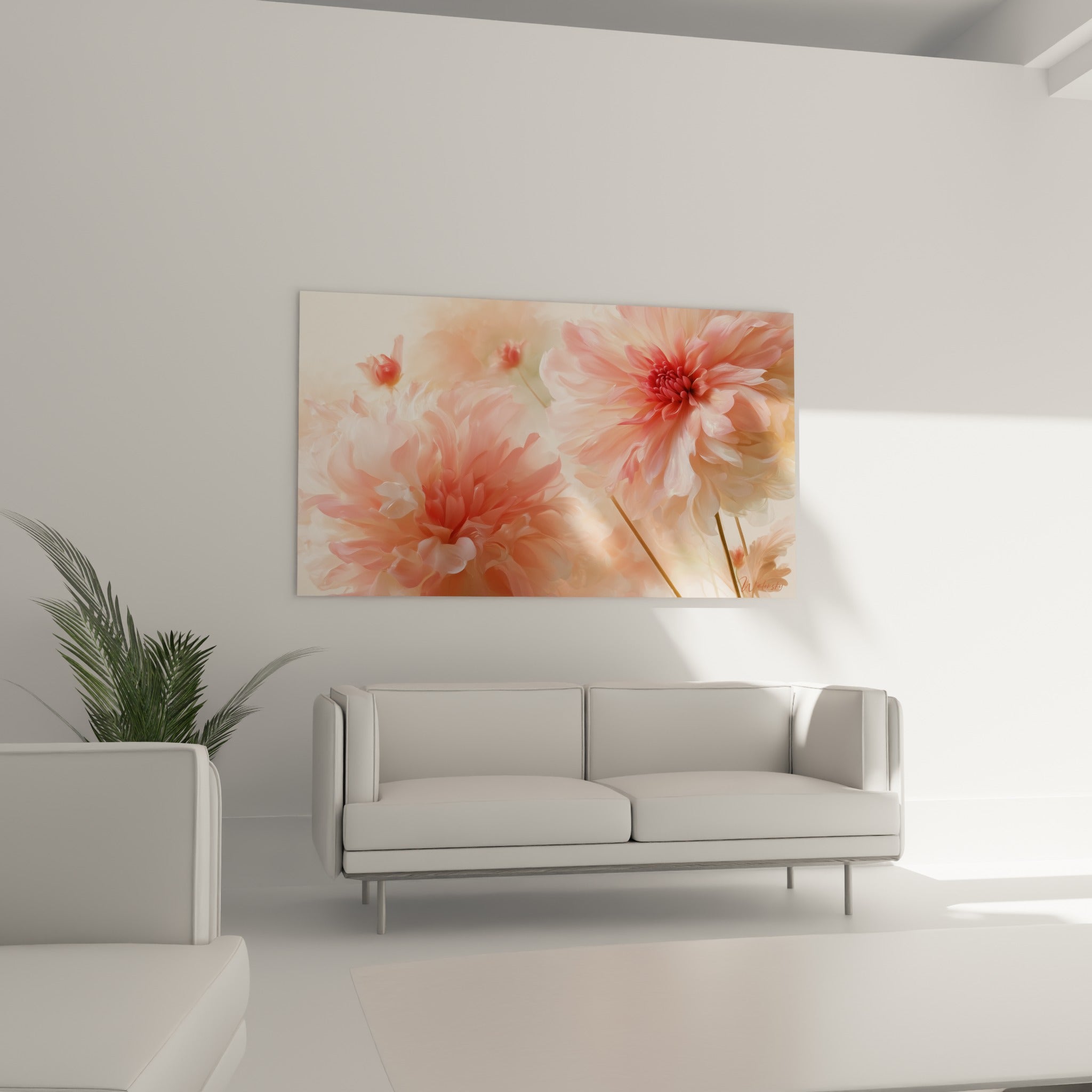Pétales de dahlia rose pâle et cramoisi en éventail, disposés au-dessus d'un canapé dans un salon lumineux