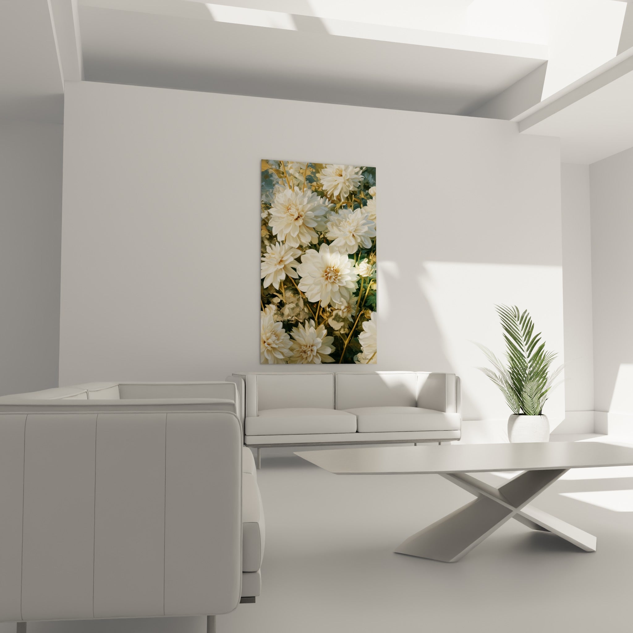 Dahlias blancs aux nuances crème et anthracite disposés au-dessus d'un canapé dans un salon lumineux
