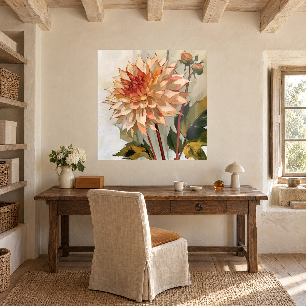 Wall art oil-painted dahlia in salmon and ochre tones, brown stems, hung above a wooden desk near a window