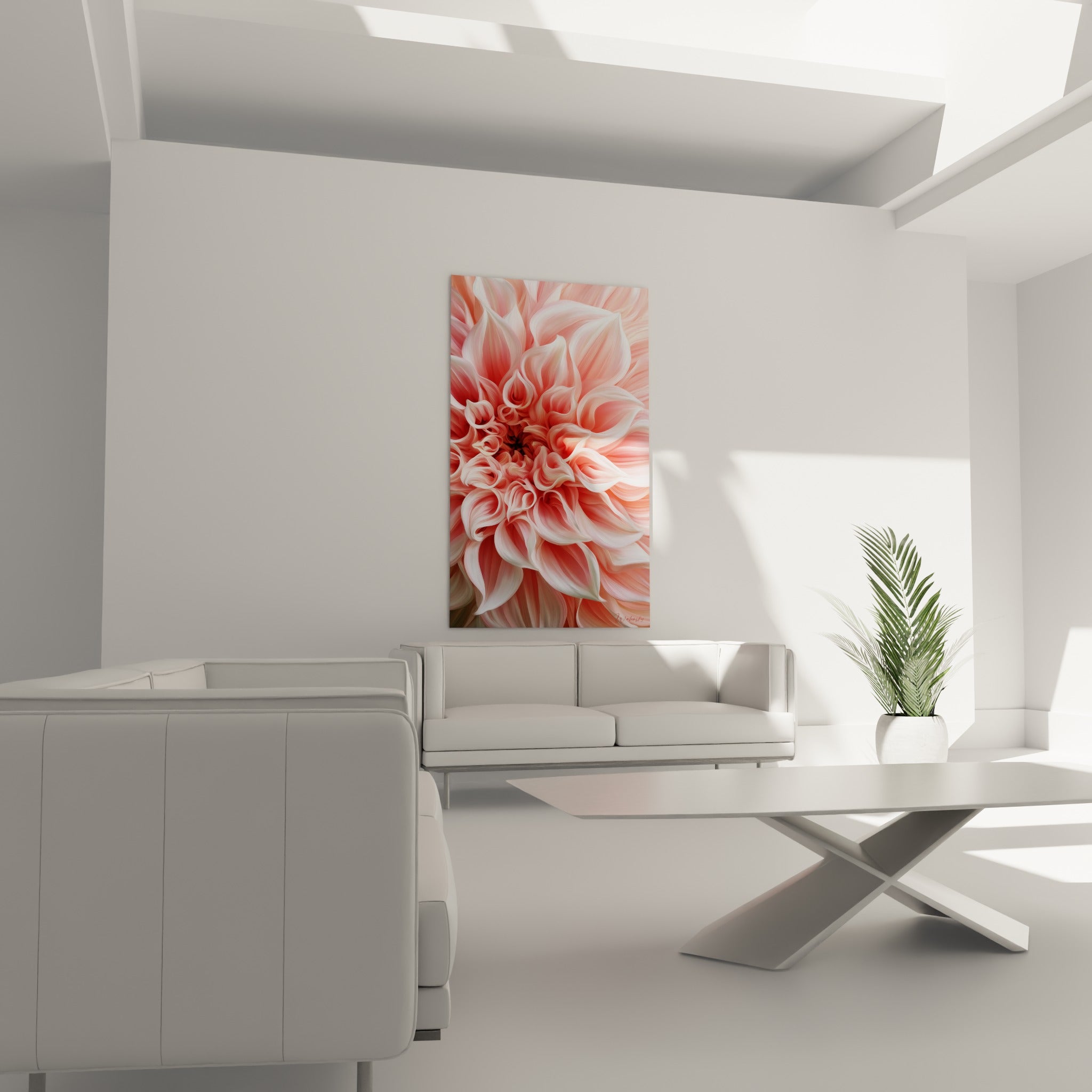 Fleur de dahlia corail et blanche aux nervures fines, suspendue au-dessus d'un canapé dans un salon lumineux
