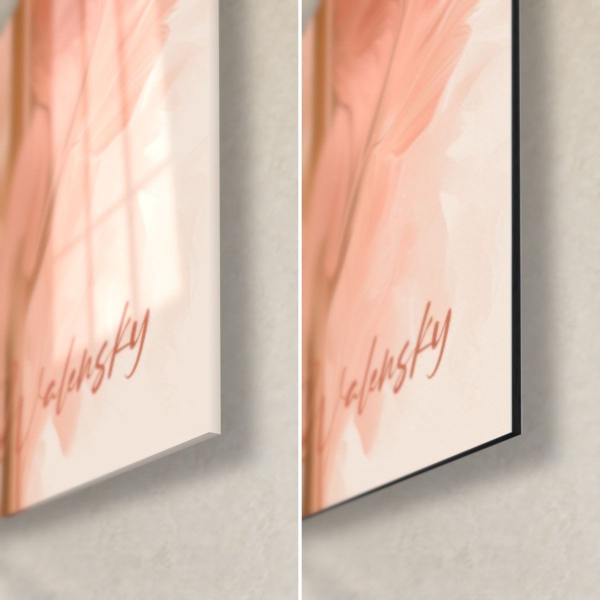 Wall art close-up of salmon-pink dahlia petals, bottom right corner: glossy acrylic glass with reflections, matt black Dibond aluminium, 3 mm edge
