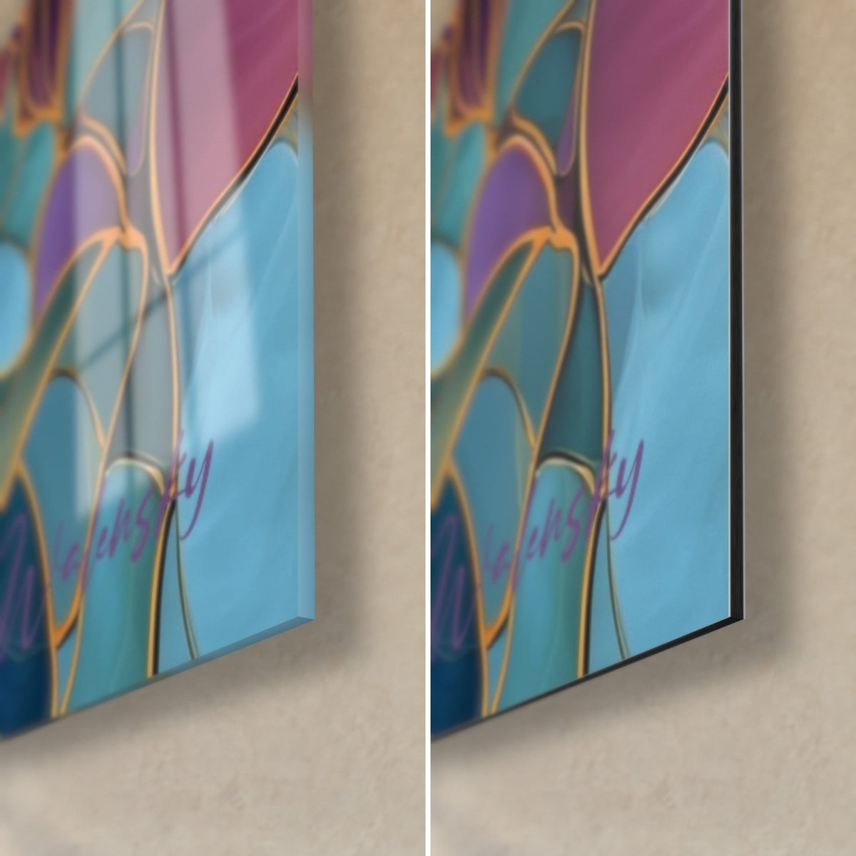 Tableau dahlia en vitrail, coin bas droit : verre brillant bleu ciel à gauche, Dibond mat à droite, tranche noire de 3 mm