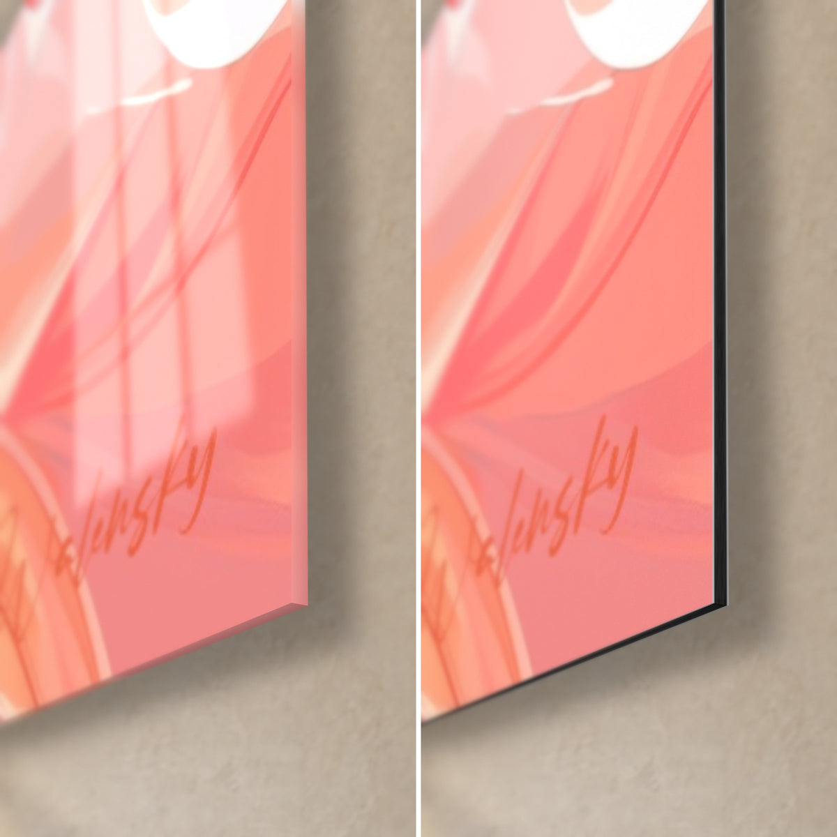 Wall art dahlia in pink and coral, bottom right corner: glossy acrylic glass on the left, matte black Dibond aluminum on the right, 3 mm edge visible