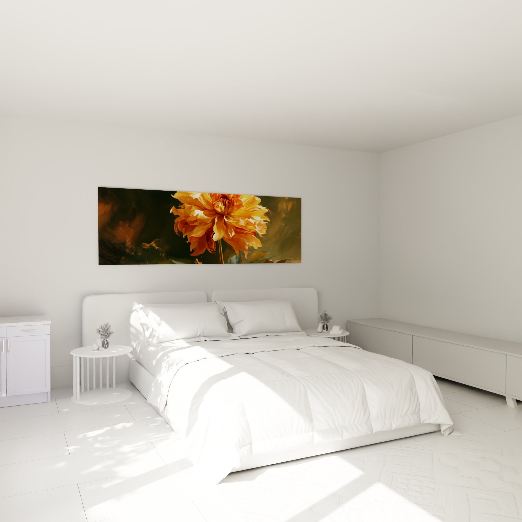 Fleur de dahlia dorée et ambrée, style peinture à l'huile, au-dessus d'un lit dans une chambre claire