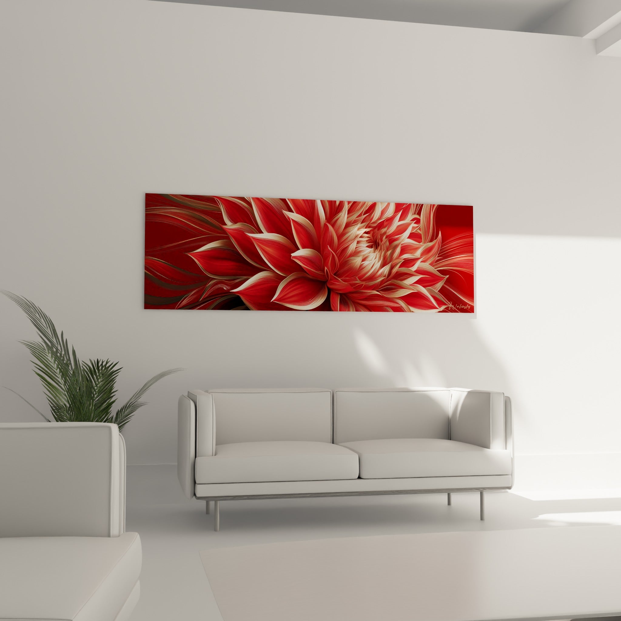 Corolle rouge bordeaux à nervures dorées du dahlia, disposée au-dessus d'un canapé dans un salon lumineux