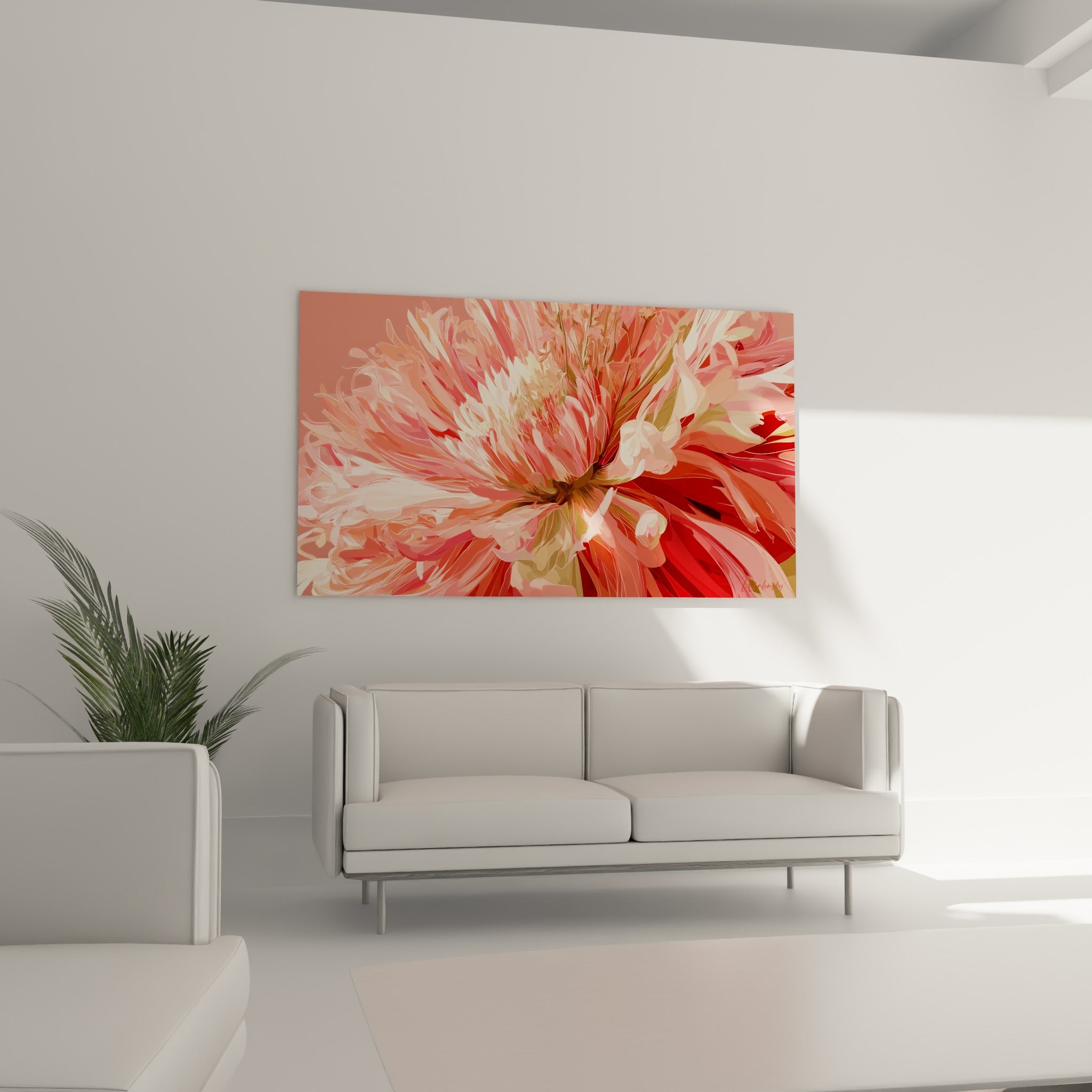 Cœur doré et pétales roses du dahlia disposés au-dessus d'un canapé dans un salon lumineux