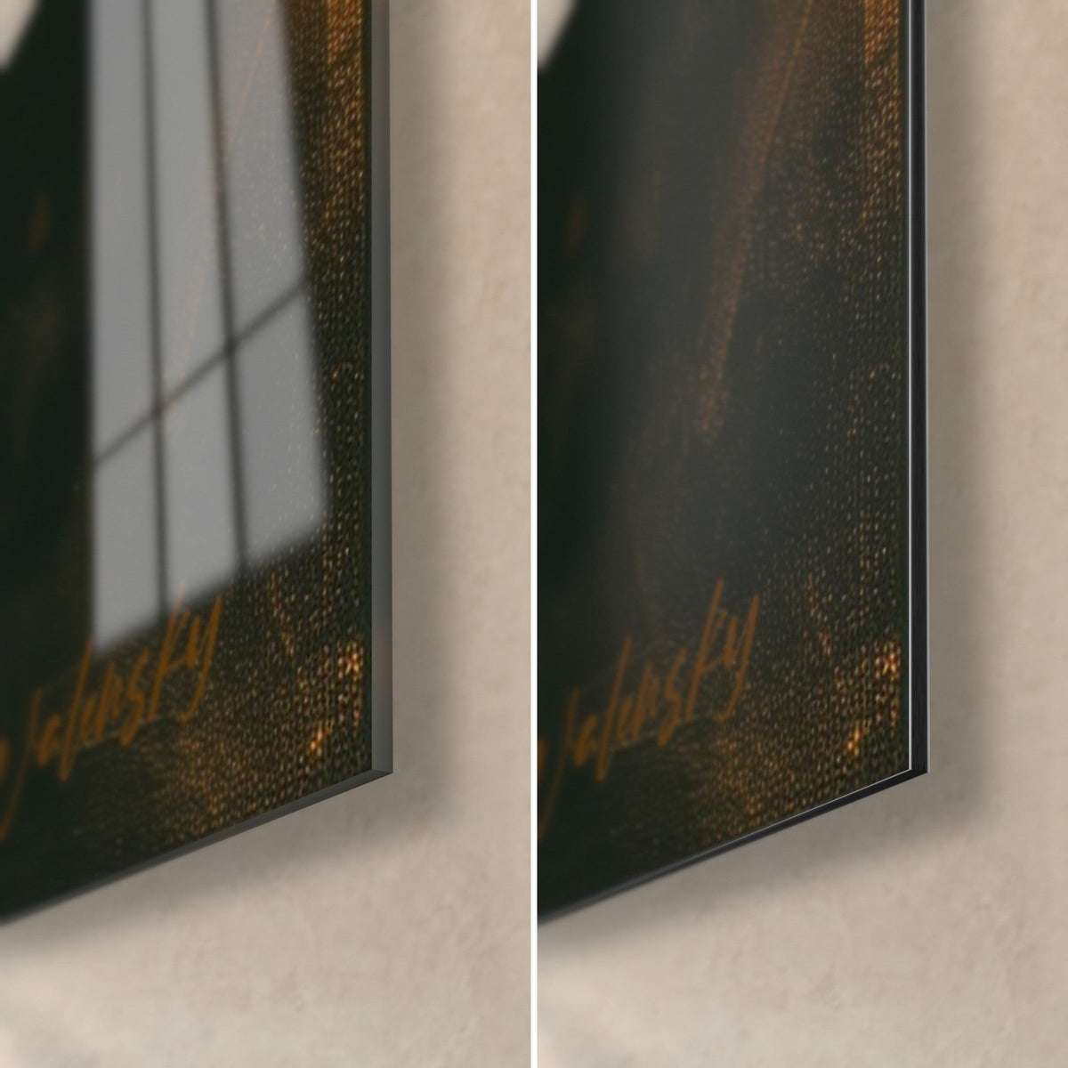 Quadro dalia ambrata, angolo in basso a destra: vetro acrilico lucido a sinistra, Dibond in alluminio nero opaco a destra, spessore del bordo 3 mm