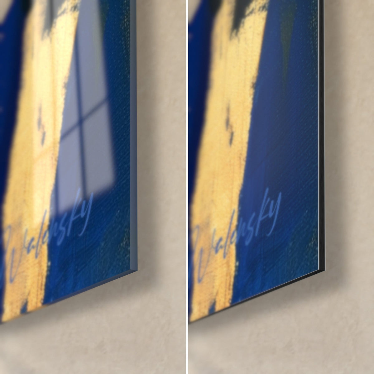 Tableau dahlia indigo, coin bas droit : verre brillant à gauche, alu Dibond mat à droite, tranche de 3 mm, or et bleu nuit